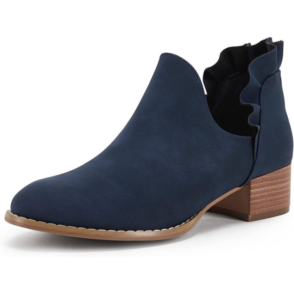 Fisace Ruffled Ankle Boots Women Blue Faux Leather Pointed Toe Chunky Low Heels
